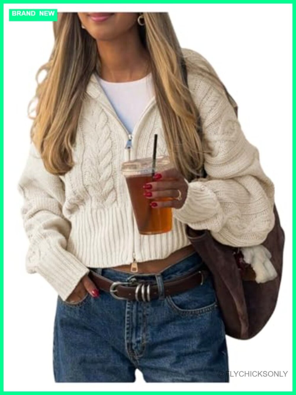 Cable Knit Cropped Zip Up Cardigan Hooded Long Sleeve
